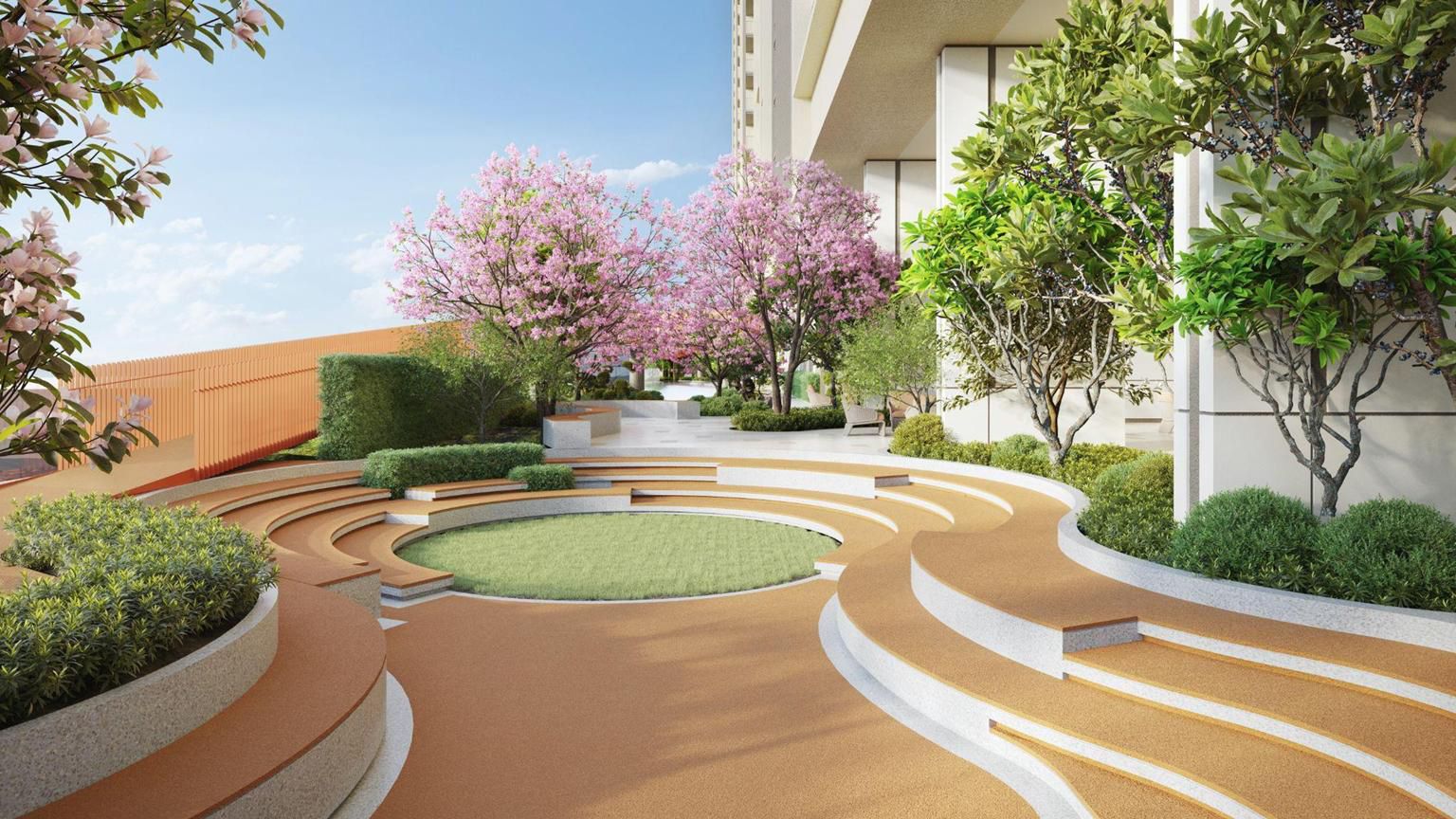 Stepped outdoor amphitheatre with a lawn stage