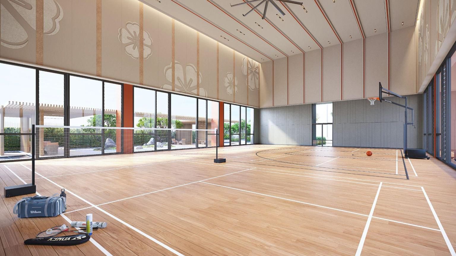 Indoor badminton hall with timber flooring