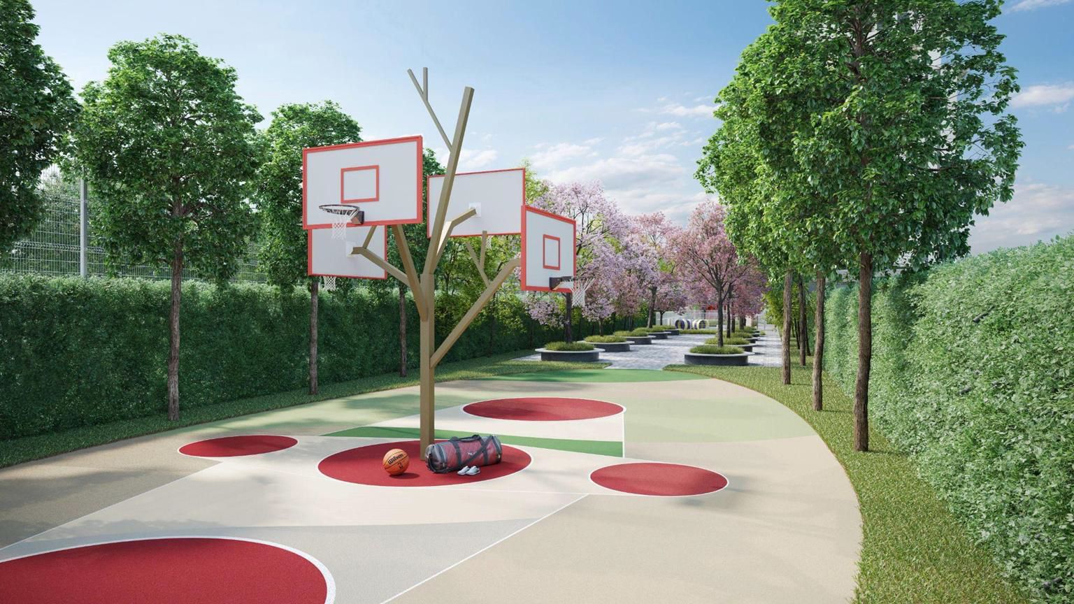 Outdoor basketball court set among trees