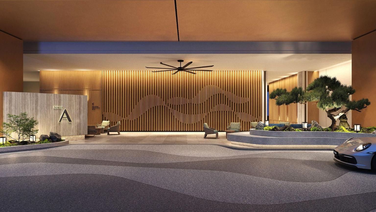 Tower A drop-off with timber-slatted walls and a bonsai courtyard