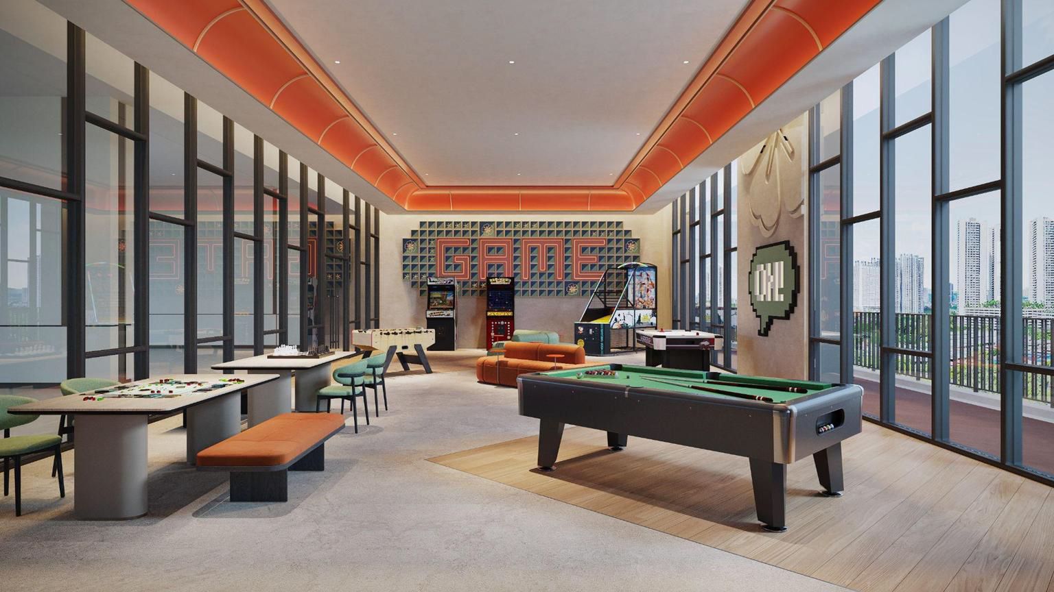 Games room with a pool table and arcade corner