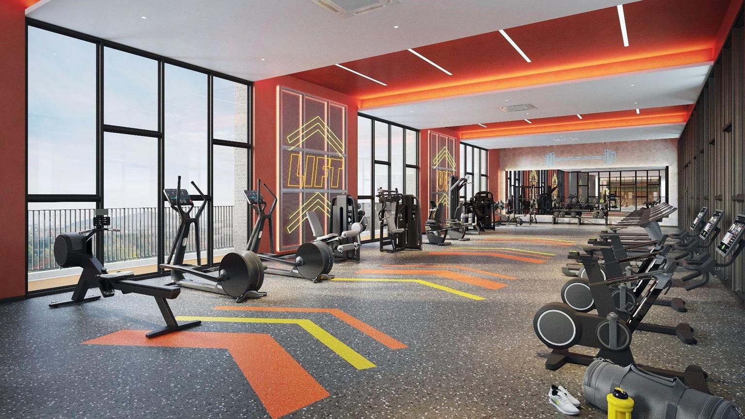 Gym with floor-to-ceiling windows