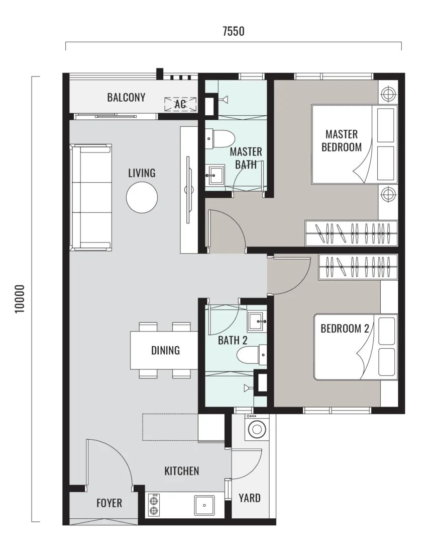 Han-Ya Wahyu Type A floor plan: 735 sq ft, 2 bedrooms, 2 bathrooms