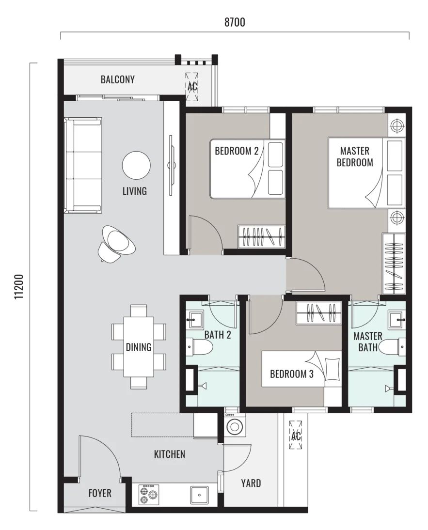 Han-Ya Wahyu Type B floor plan: 918 sq ft including an 18 sq ft accessory parcel, 3 bedrooms, 2 bathrooms