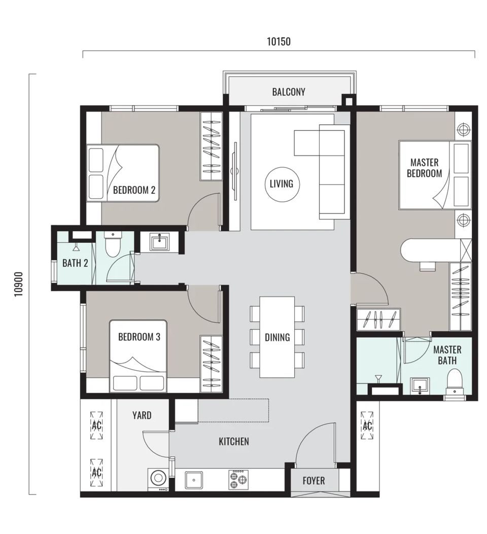 Han-Ya Wahyu Type C corner floor plan: 1,070 sq ft including a 40 sq ft accessory parcel, 3 bedrooms, 2 bathrooms