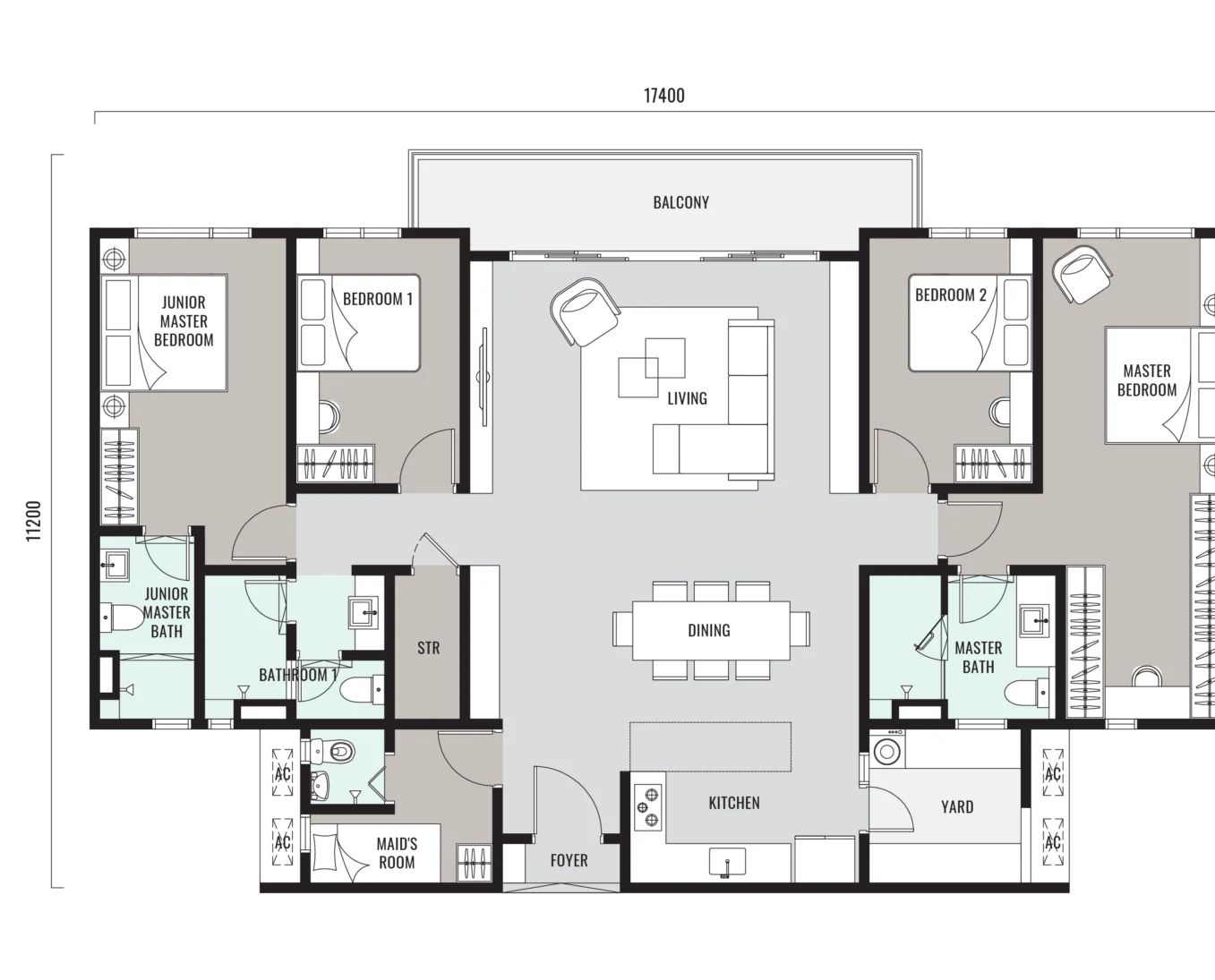Han-Ya Wahyu Type D floor plan: 1,836 sq ft including a 36 sq ft accessory parcel, 4+1 bedrooms, 4 bathrooms