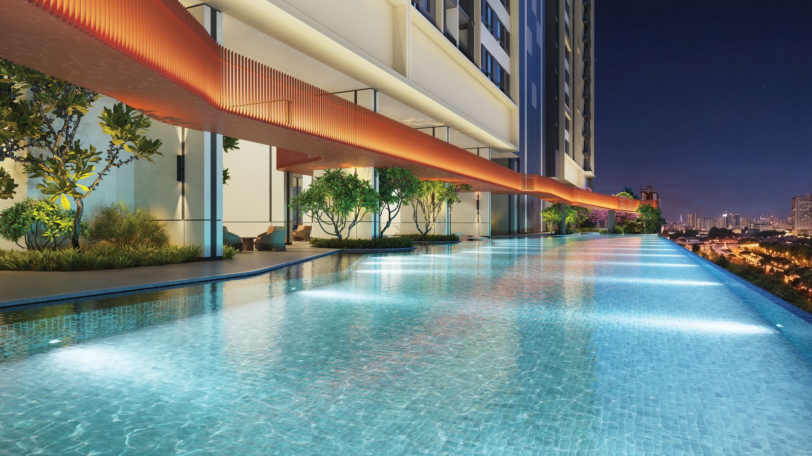 The infinity pool on Han-Ya Wahyu's facility deck at night, under a copper-toned canopy