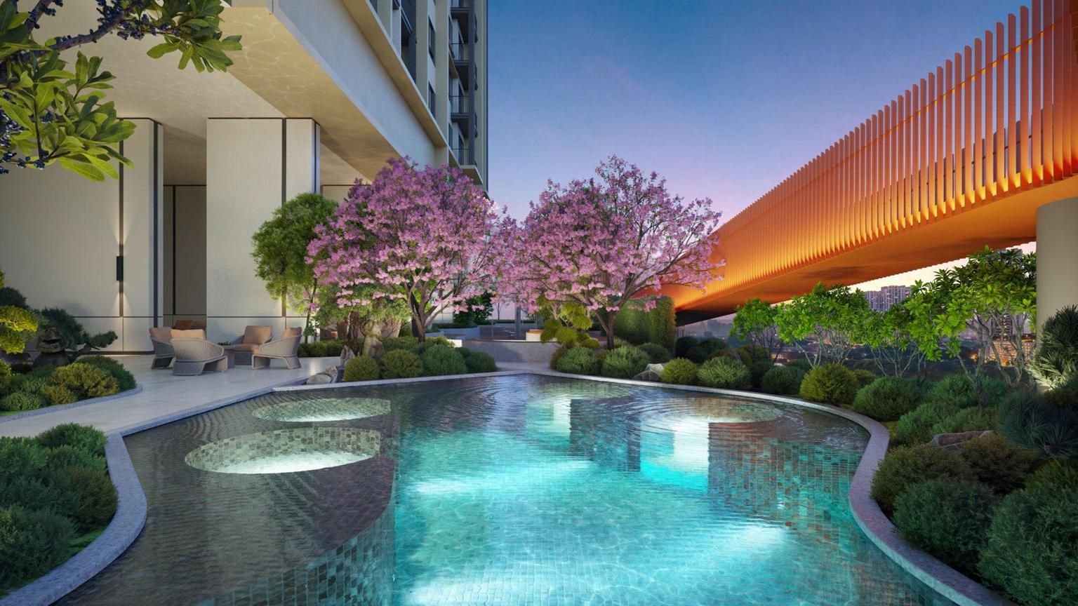 Spa pool beneath blossom trees on the facility deck