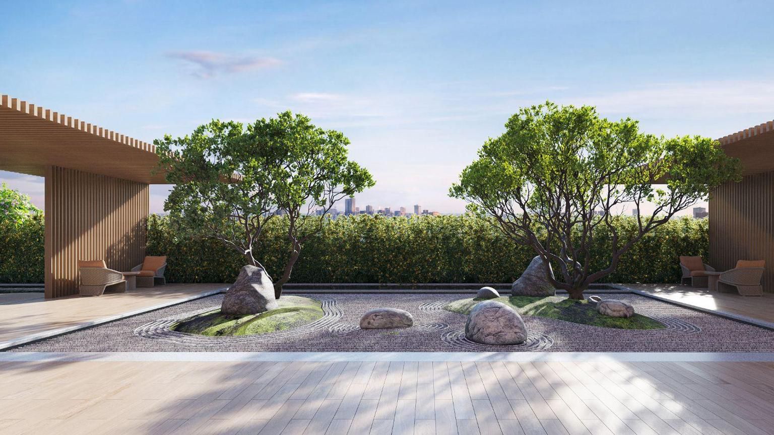 Raked-gravel zen garden with boulders and a timber pavilion